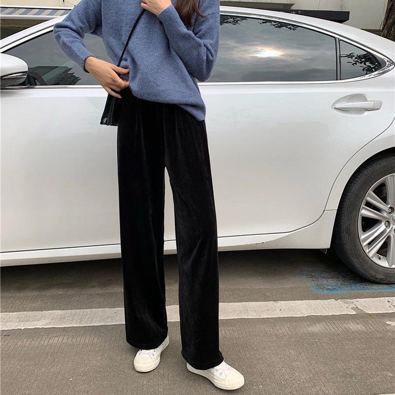 WTEMPO Women's Wide-leg Pants Super Long Elastic Waist Mid-waist Straight Loose Casual Daily