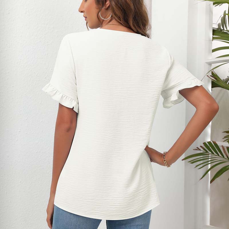 Spring and Summer Women's Casual Ruffled Short-sleeved V-neck Button-up Top European and American Solid Color Shirt