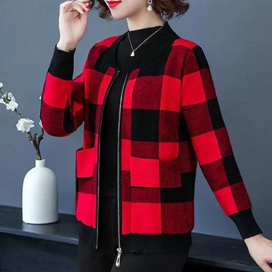 Plaid Casual Short Coat Middle-aged Mother Jacket Spring Autumn Loose Cardigan Women's Loose Baseball Uniform Jacket