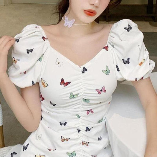 French First Love Butterfly Sweet Little Purple Print Puff Sleeve Fishtail Dress Summer