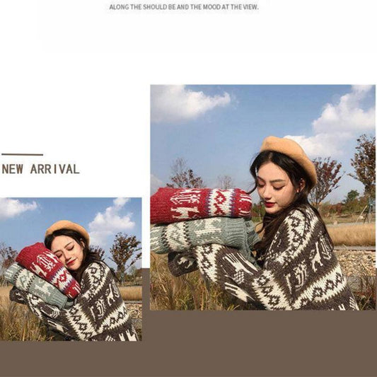 Pofulove red mid-length pullover thickened retro lazy loose retro net Christmas red sweater women