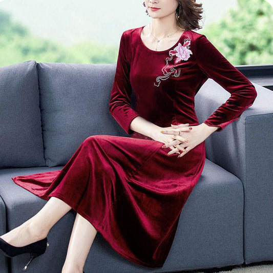 Gold Velvet Women's Mid-length Dress Round Neck Slim Fit Covering Belly Plus Size Mother Skirt Women's Clothing