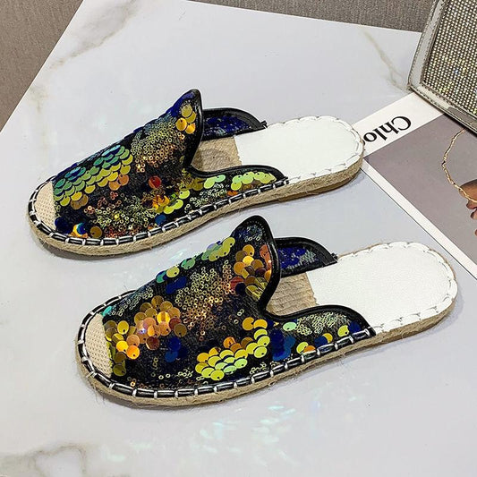 Baotou Half Slippers Female Summer Flat-bottomed Lazy One-step Outside Wear Net Red Sequin Fisherman Sandals and Slippers