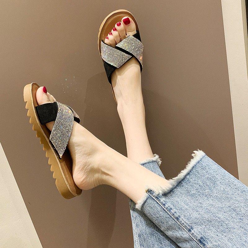 Slippers Women Wear Korean Summer Rhinestone Cross Straps Anti-skid Pregnant Women Flat Bottom Flat Sand Beach Sandals
