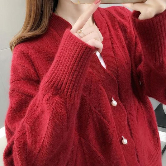 Autumn and Winter Loose Solid Color V-neck Sweater Long-sleeved Knitted Cardigan Jacket All-match Top