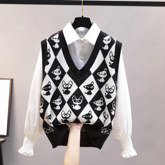 Autumn and Winter Diamond Plaid Retro Sweater Vest Sweater Women's Vest Cartoon Loose V-neck Waistcoat Waistcoat Ladies Sleeveless Thin Sweater