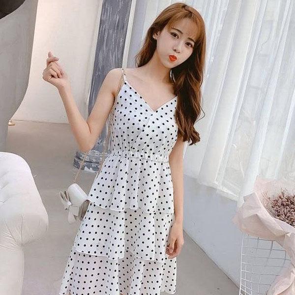 Women Summer Vintage Sleeveless Long Party Dress Elegant Slim Backless Dot Printed V-neck Cake Casual Dress