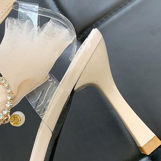 French Girl High Heels Summer Pointed Rhinestone Mesh Buckle Sandals Female Stiletto