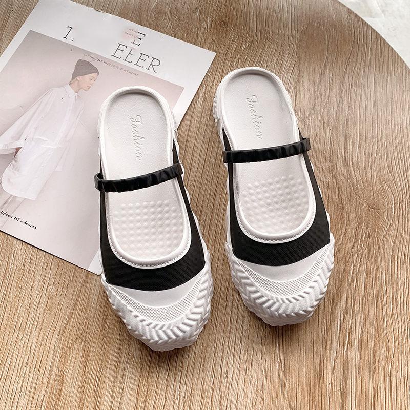 Solid Color All-match Slip-on Sandals and Slippers Baotou Half Slippers Women's Outer Wear Flat-heeled Loafers Comfortable and Light