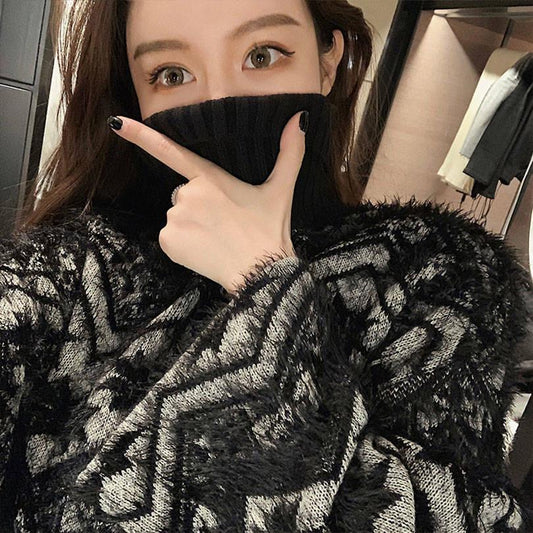 Pofulove Mohair Girly Winter Turtleneck Warm Knitwear Skin-friendly Losse Fuzzy Pullover Sweater