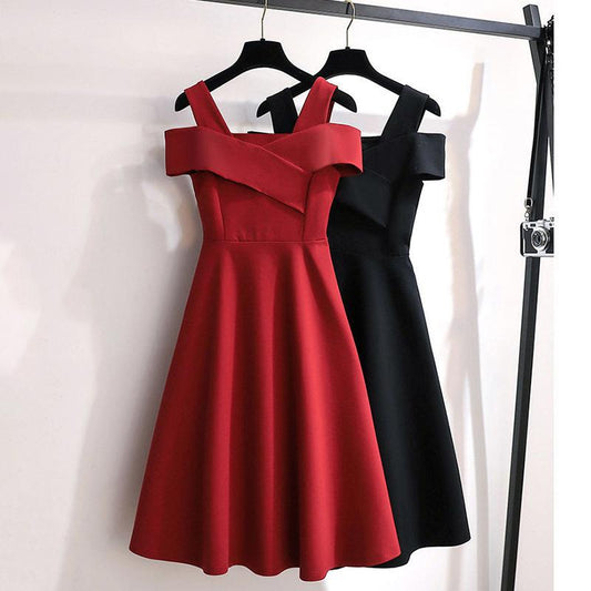 Large Size Women's Temperament Dress Female Cover Belly Thin Waist Skirt Female A-line Version Waist Thinner Off-shoulder Strap Dress