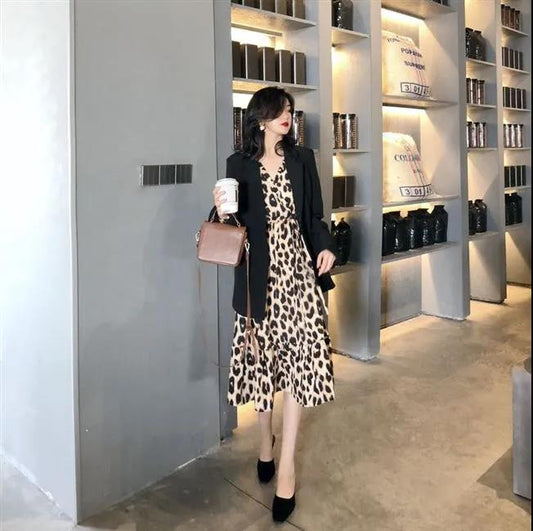 Women's Summer Leopard Print Mid-length Dress Lapel Long-sleeved Lace-up Ruffled Bohemian Beach Long Shirt