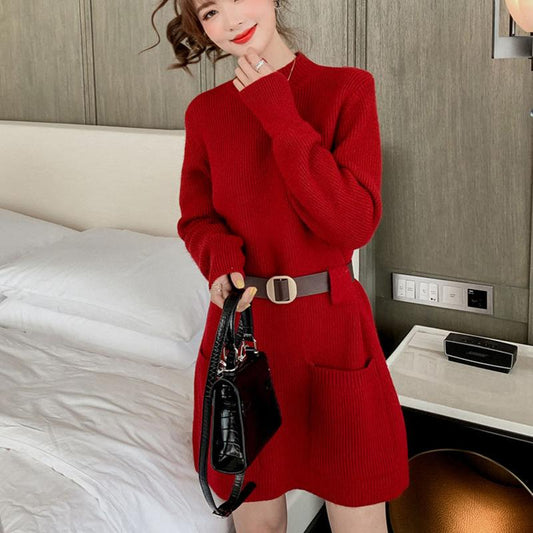 Korean Style Loose Outer Wear Mid-length Sweater Women Waist Slim Half Turtleneck Long Sleeve Autumn Winter Base Sweater Dress