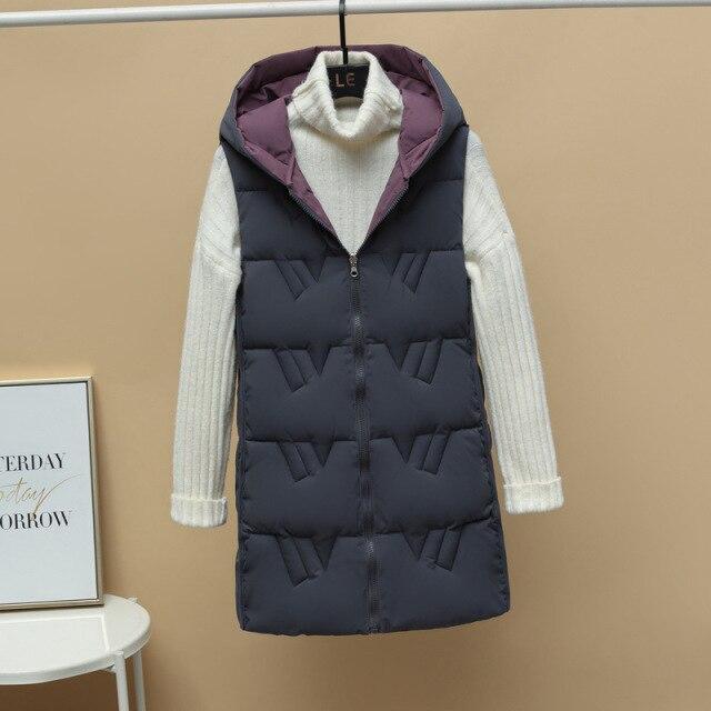 Women's Autumn and Winter Solid Color Loose Vest Hooded Long Reversible Vest Jacket Cotton Padded Windproof Warm Vest