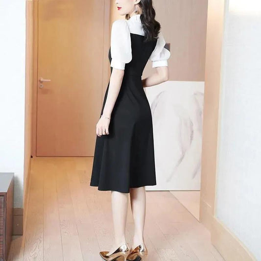 Women's Summer Dress Solid Color V-Neck Chiffon Slim A-Line Skirt