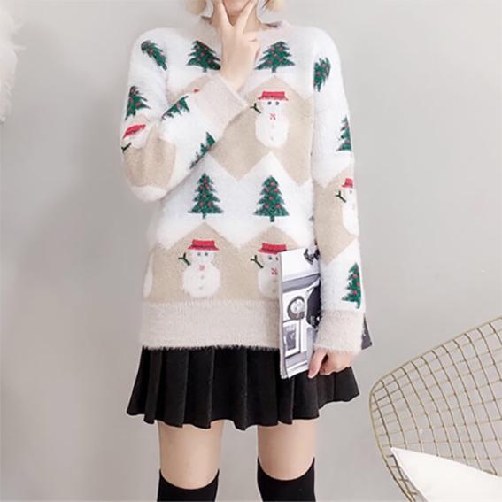 Autumn and Winter Imitation Velvet Printed Christmas Sweater Female Loose Head Sweet Sweater