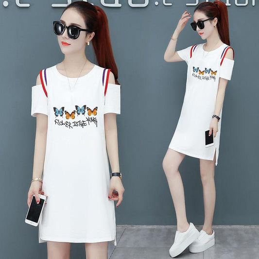 Cotton Fabric Dress Summer Loose Short-sleeved Mid-length T-shirt Women's Off-shoulder Skirt Round Neck Short-sleeved Loose Casual Straight Skirt