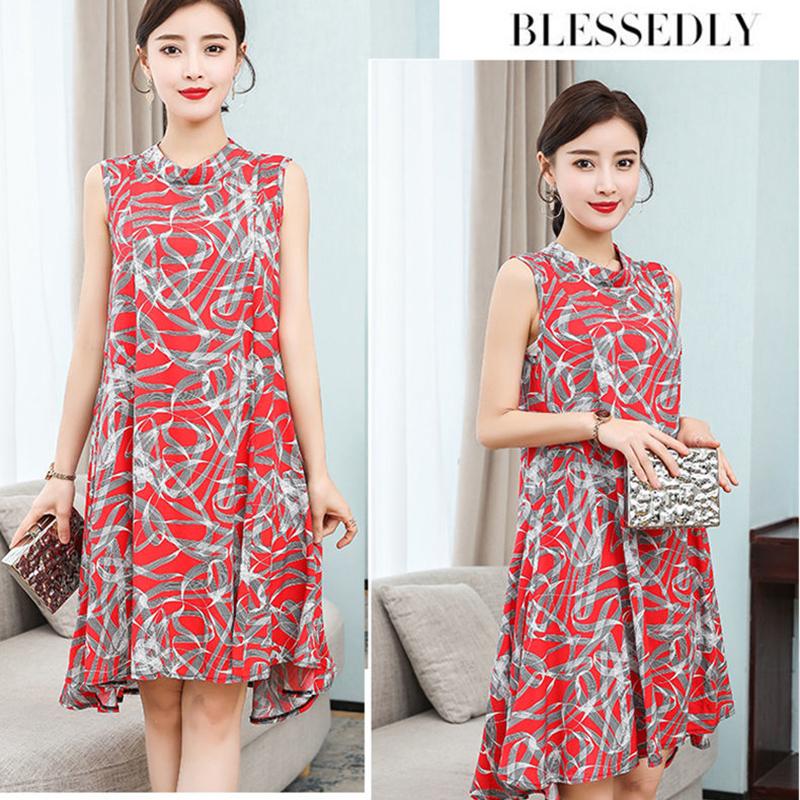 Women Cotton Silk Dress Summer Mother Sleeveless Mid-length Loose Large Home Night Skirt Beach Skirt