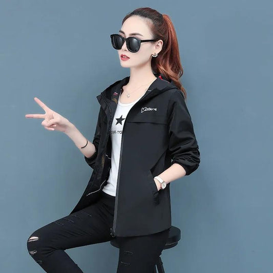 Women Spring Autumn Reversible Coat Female New Loose Wild Long-sleeved Hooded Student Windbreaker Jacket