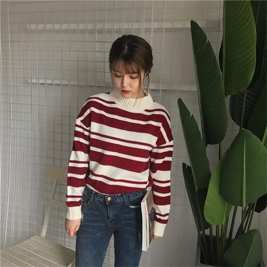 College Style Loose Striped Sweater Top Turtleneck Sweater Female Student Short