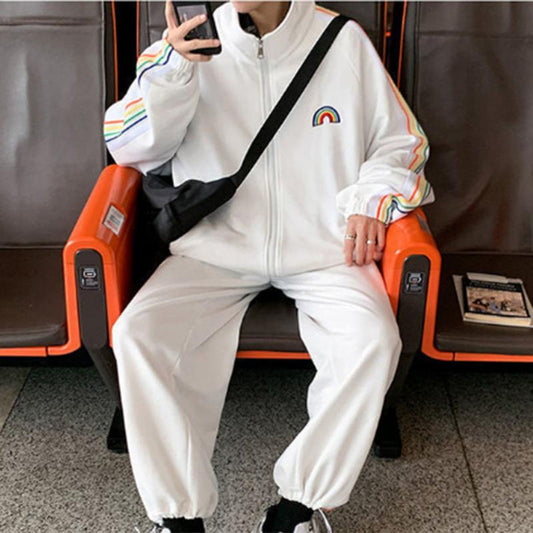 Casual Suits Men's Spring and Autumn Suits Tide Brand Striped Cardigan Jacket Loose Rainbow Sportswear Two-piece Set