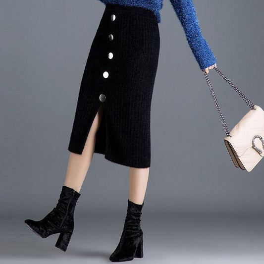 Autumn Winter Mink Velvet Skirt Thick Knitted Bodycon Skirt fuzzy Split Sexy One Step Long Pencil Skirt