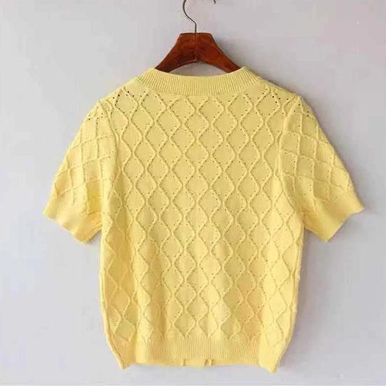 Spring and Summer Diamond Studded Short Sleeve Hollow Out Single Breasted Sweater Solid Color Temperament Slim Fitting Short Top