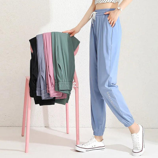 Ice Silk Stretch Quick-drying Pants Women's Summer Thin Section Beam Foot Breathable Loose Large Size Outdoor Running Sports Casual Pants