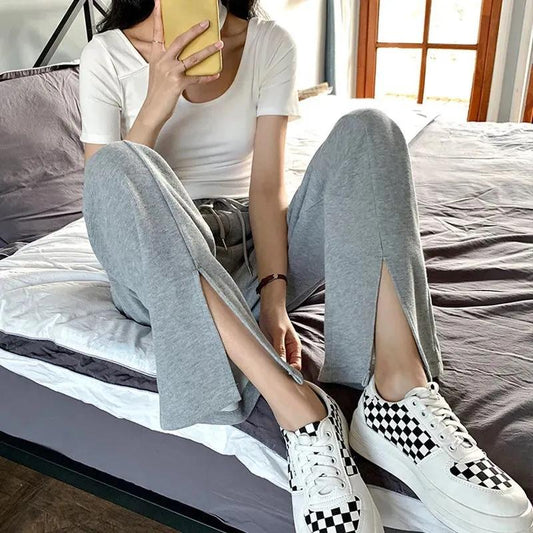 Ice Silk Front Slit Casual Pants Women's Drape High Elastic Waist Wide Leg Pants Straight Loose Long Trousers