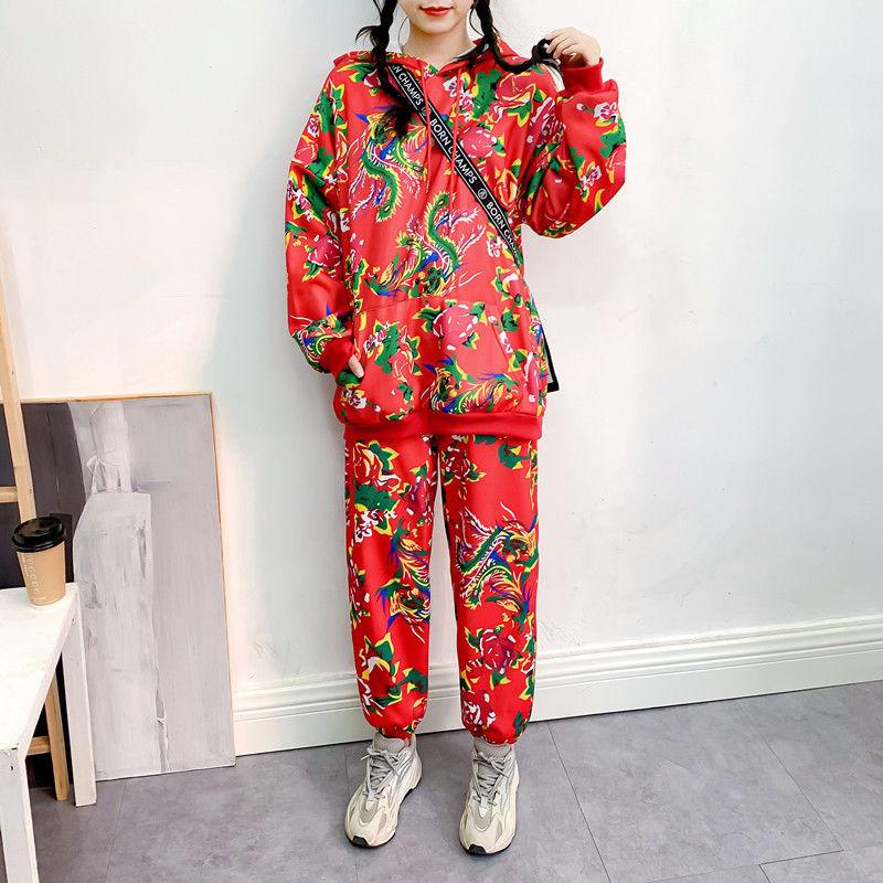 2pcs/set Women Sweatshirt Set Loose Printed Hoodies Harem Pants Two-piece Set Laies Outfits