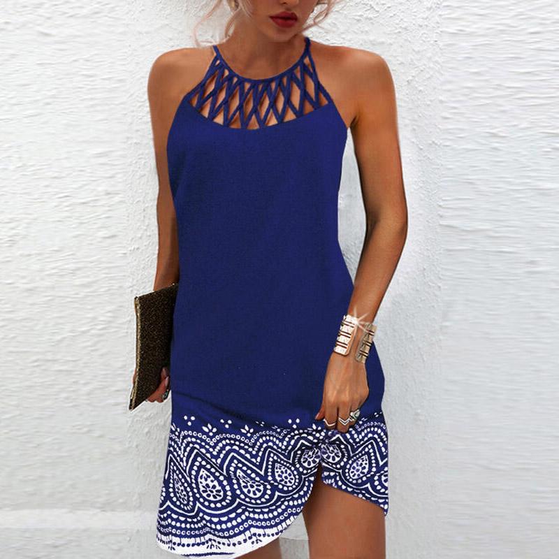 Sexy Mini Dress Women Fashion Printed Halter Hollow Out Sleeveless Dresses Elegant Boho Dress Female Beach Party Dress