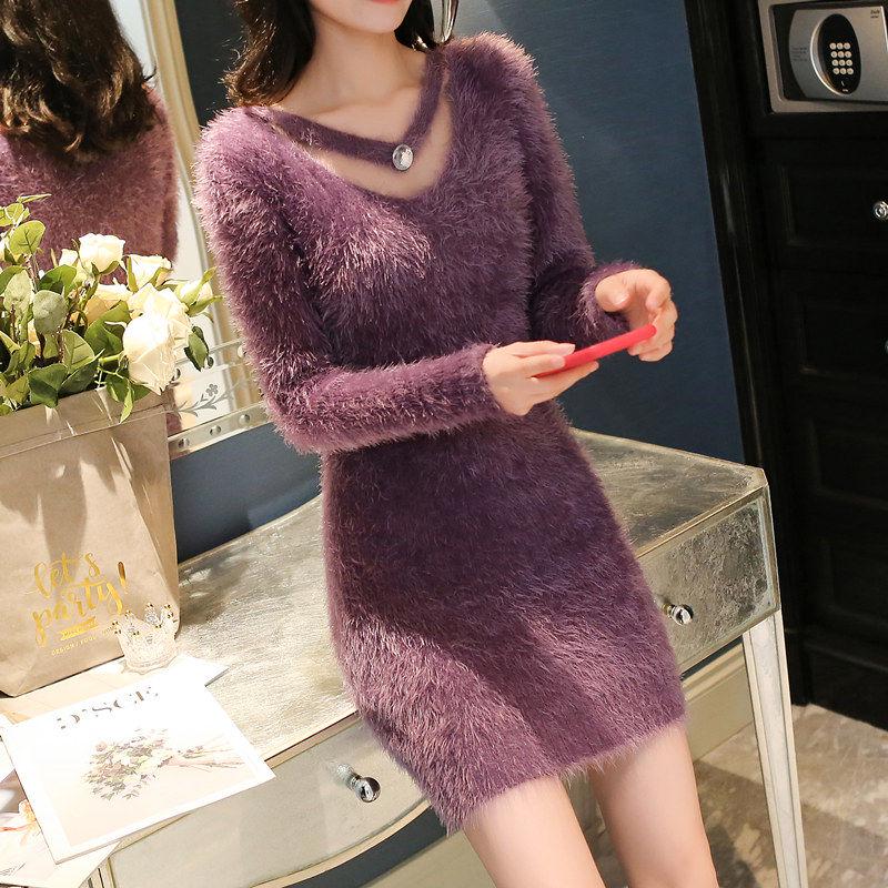 Winter Sweater Dress for Women Stretch Knitted Dress Female Sexy Wrap Dress Long Sleeve Tight V-neck High Waist Bottoming Bodycon Dress