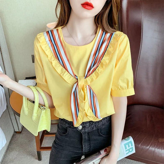 Short Sleeve T-shirt Women's Summer Loose Round Neck Tie Bow All Match Top