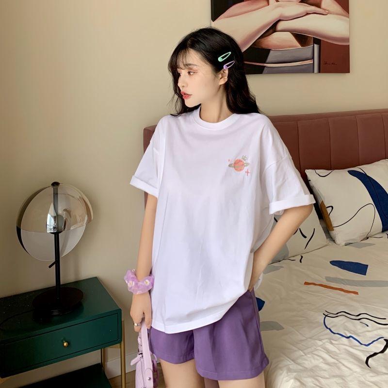 Solid Color Round Neck T-shirt Summer Planet Embroidery Loose Breathable Women's Tops Ladies Basic Tee Shirt