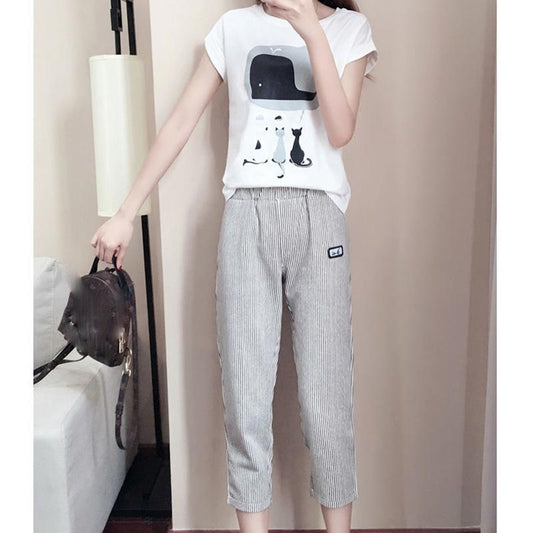 Suit Women Summer Wild Loose Short-sleeved T-shirt + Seven-point Casual Pants Two-piece Casual Suit Women's Home Service Sports Suit