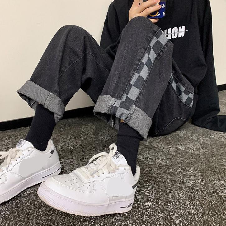 Plaid Stitching Jeans Men's Korean Version of The Trend Loose Trousers Autumn Ins Hong Kong Style Casual Wide-leg Daddy Pants