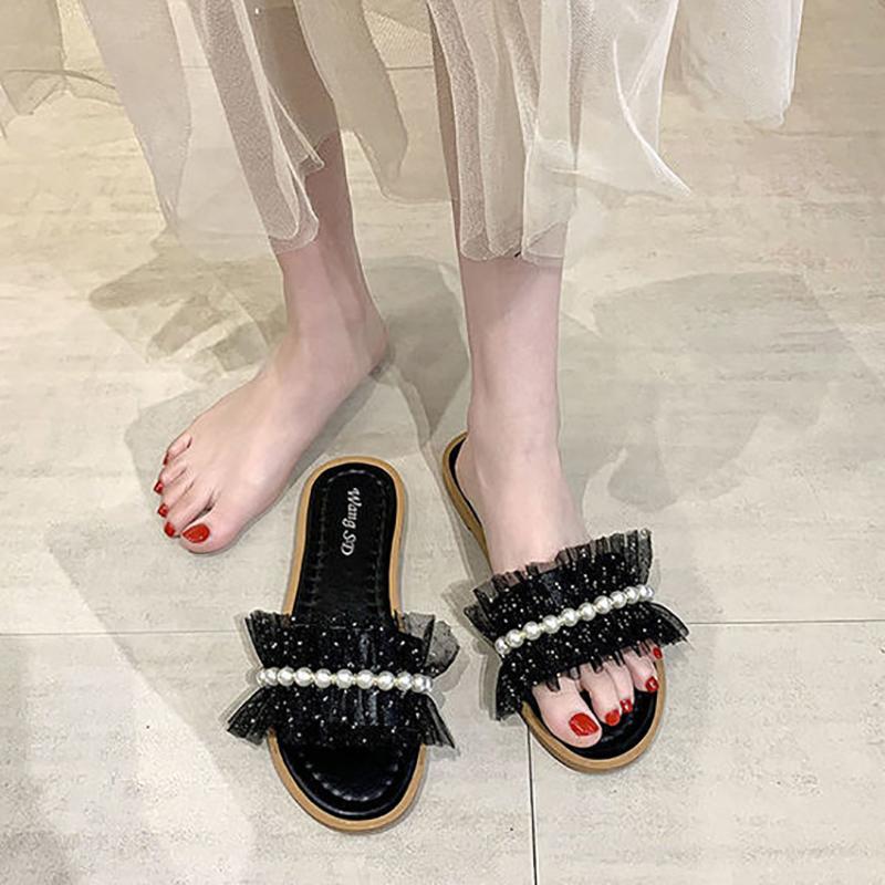 Fairy Style Slippers Women's Outer Wear Summer Pearl Sandals and Slippers Fashion Flat Non-slip