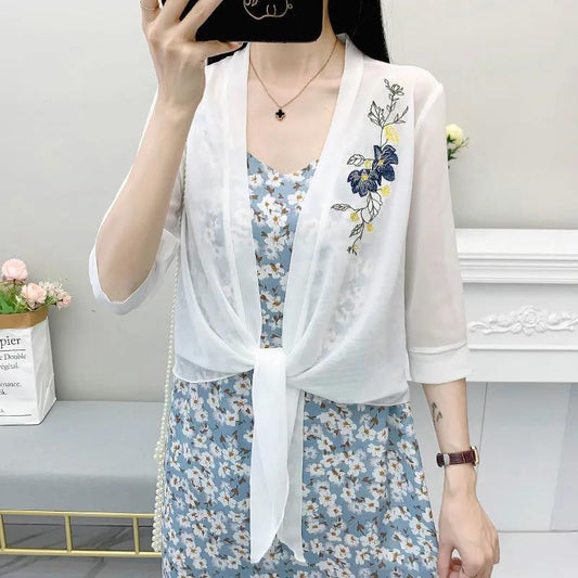 Flower Pattern Embroidery Women's Short Sun Protection Clothing Summer Chiffon Shawl Cardigan Thin