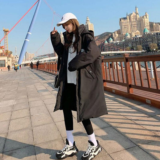 Down Jacket Winter Ladies Fashion Korean Thick Warm Hooded Plus Size Cotton Jacket Mid-length Over-the-knee Down Jacket
