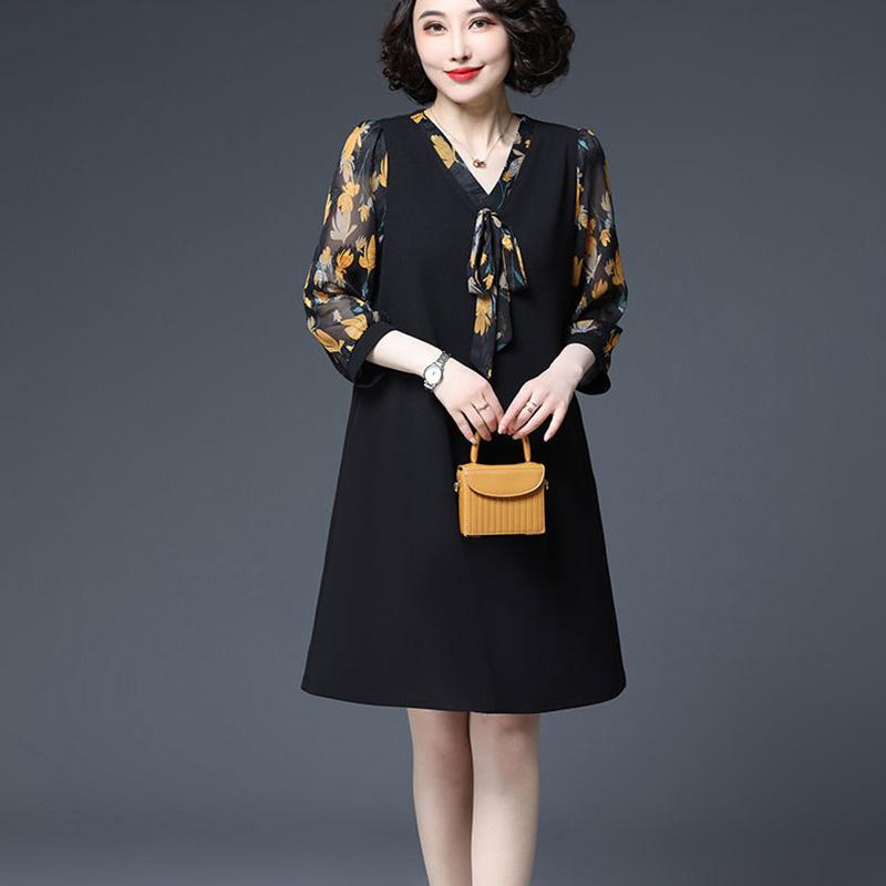 L-XXXXXL Women's Summer Dress Middle-aged Chiffon Veil Short Sleeve Printing Mid-length Daily Wear