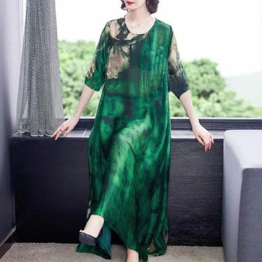 Women's Summer Short Sleeve Dress Mom Dress Slim Print Round Neck Skirt