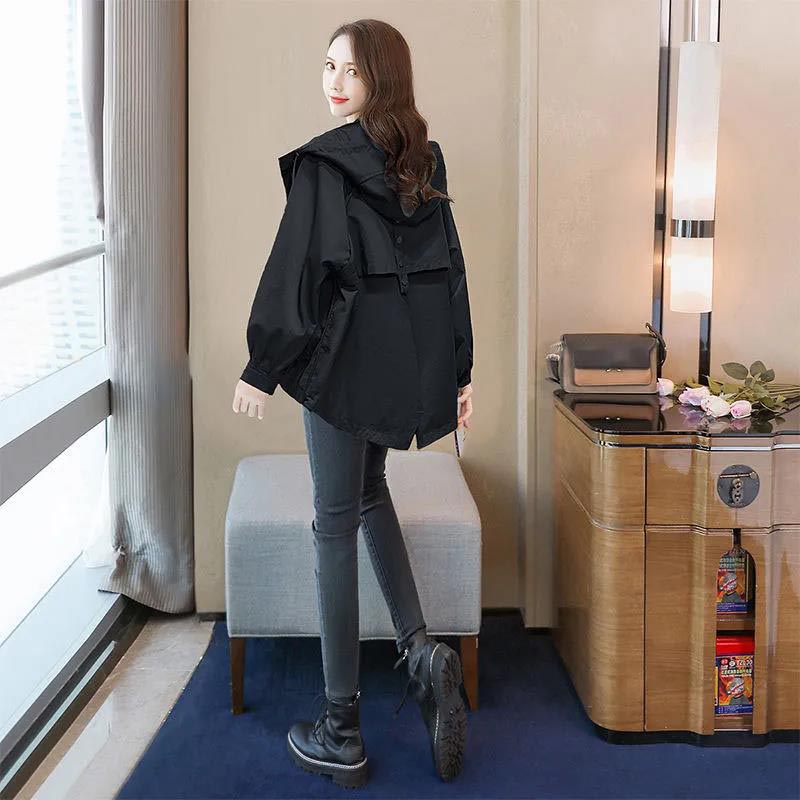 Double Layer Lining Windbreaker Women's Spring and Autumn Style Waist Loose Casual Hooded Raincoat Jac