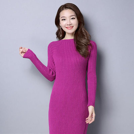 Knitted Round Neck Dress Long Sleeves Autumn and Winter Slim Slimming All-match Base Long Sweater Dress Knee-length Warm