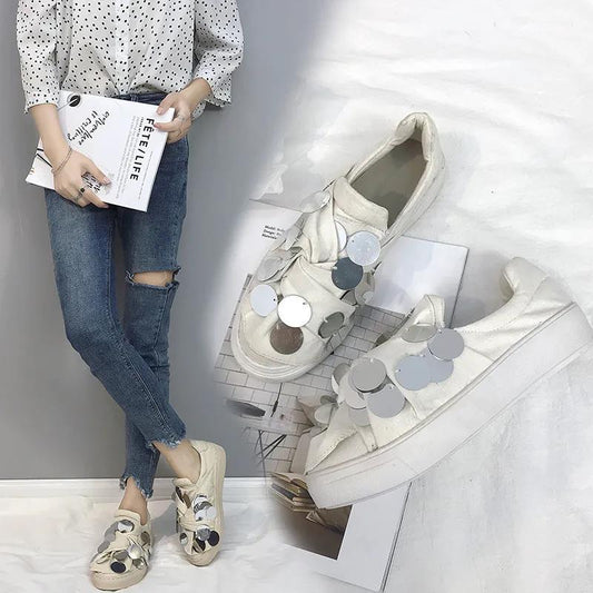 Women's Shoes Hong Kong Style Small White Shoes Women's Sequined Canvas All-match Flat Shoes