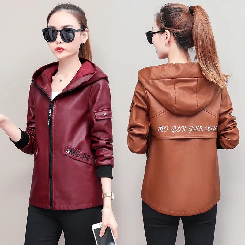 Autumn and Winter Fashion Slim Hooded Leather Ladies Short Jacket Pu Jacket Women's Motorcycle Jacket