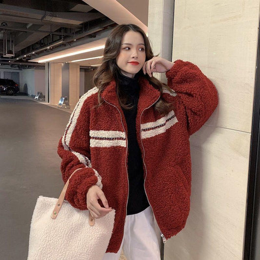 Autumn and Winter All-match Lamb Wool Stand-up Collar Jacket Women Retro Loose Thickened Lamb Wool Jacket Short
