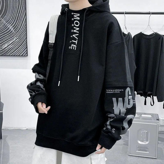 Hooded Sweater Men's Spring and Autumn Loose Large Size All-match Fake Two-piece Top Pullover Thin Section