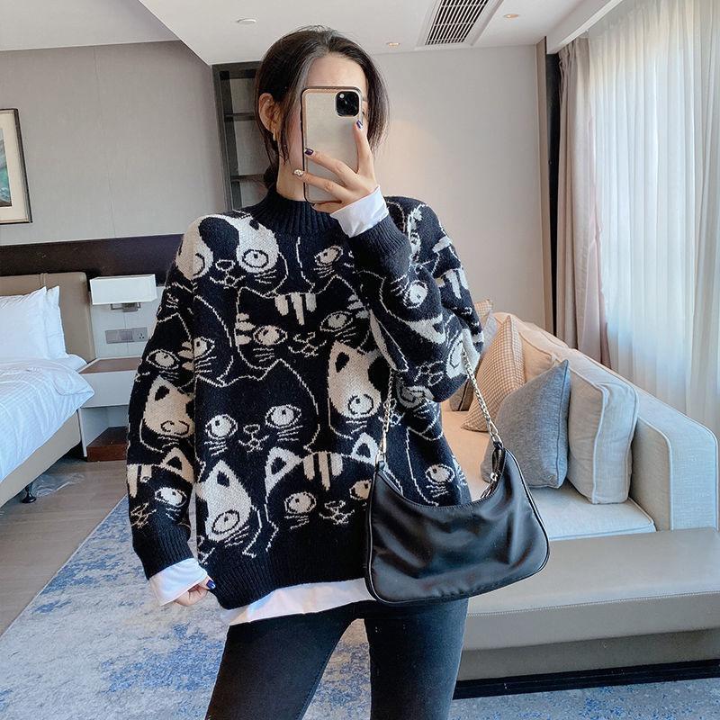 Autumn Winter Women Fashion Sweater Casual Knitting Sweater Print Round Neck Pullovers Loose Casual Long Sleeve Sweater