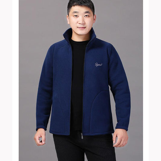 Middle-aged Elderly Men's Polar Fleece Sports Jacket Spring and Autumn Stand Collar Loose Outdoor Casual Sweatshirt Fleece Solid Color Short Top