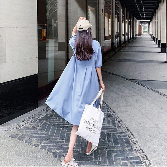 Chiffon Dress with Belt Women Button Solid Color High Waist Turn-down Collar Girls Summer Holiday Knee-length Short Sleeve A-line Dress